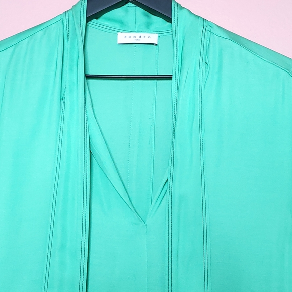 Sandro Lana Tie Neck Apple Green Split Blouse - Picture 5 of 16